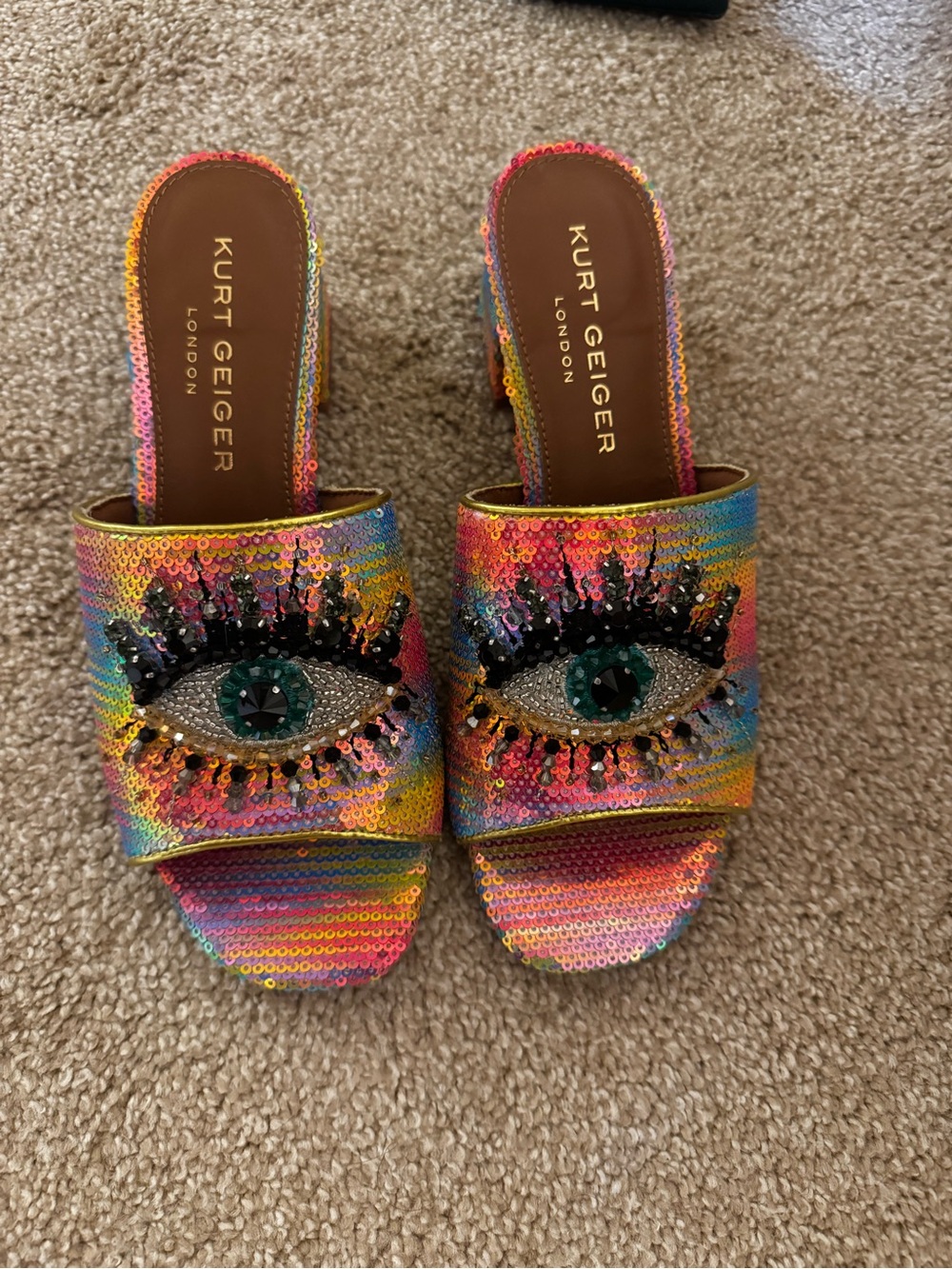 Kurt Geiger Rainbow Sequin Eye Embellished Slide Mules